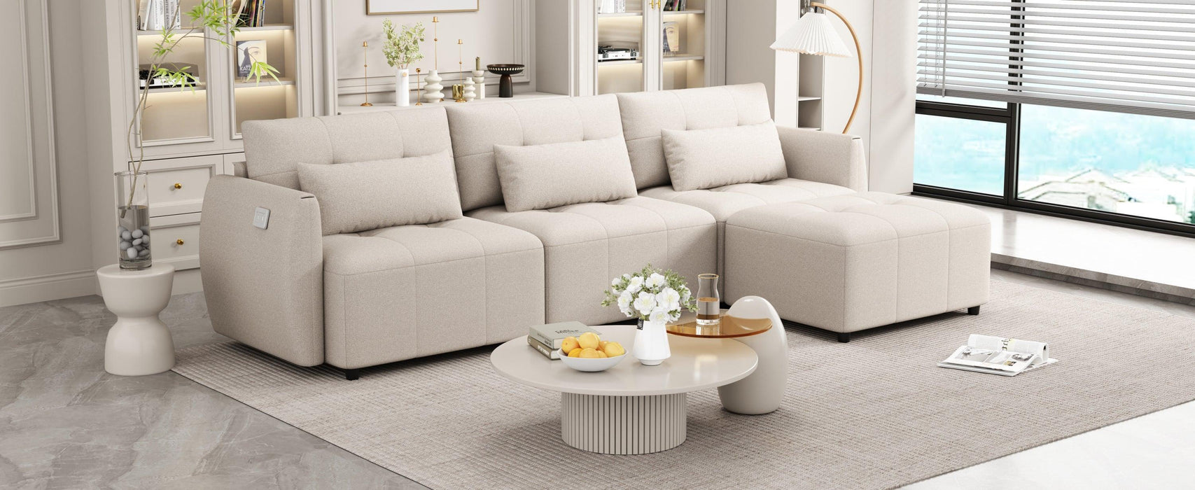 113.3" Convertible Sectional Sofa Couch 3-Seat L-Shaped with Movable Ottoman and USB