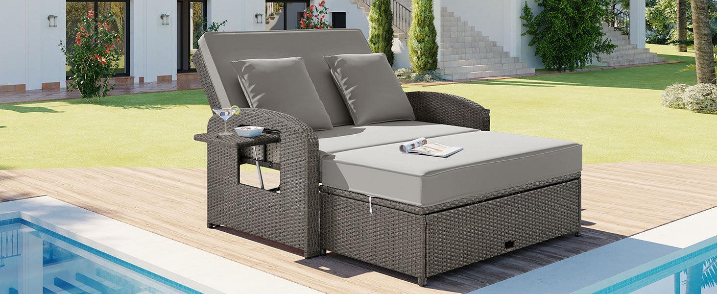 PE Wicker Rattan Double Chaise Lounge, 2-Person Reclining Daybed with Cushions and Cover