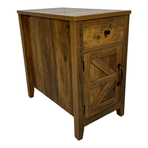 Farmhouse End Table Bedside Table with Charging Station,Night Stand with Barn Door and Drawer, Storage for Bedroom Living Room ,Bedside Table, Brown color - DTYStore