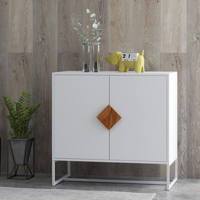 Solid Wood Square Shape Handle 2 Doors Sideboard