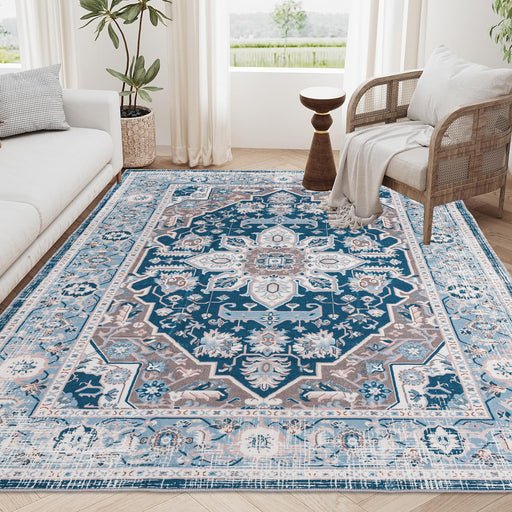 Area Rug 6x9 Vintage Bohemia Large Persian Non-slip Washable Rug For Living Room Kitchen Bedroom Living Room Flower Design Blue - DTYStore