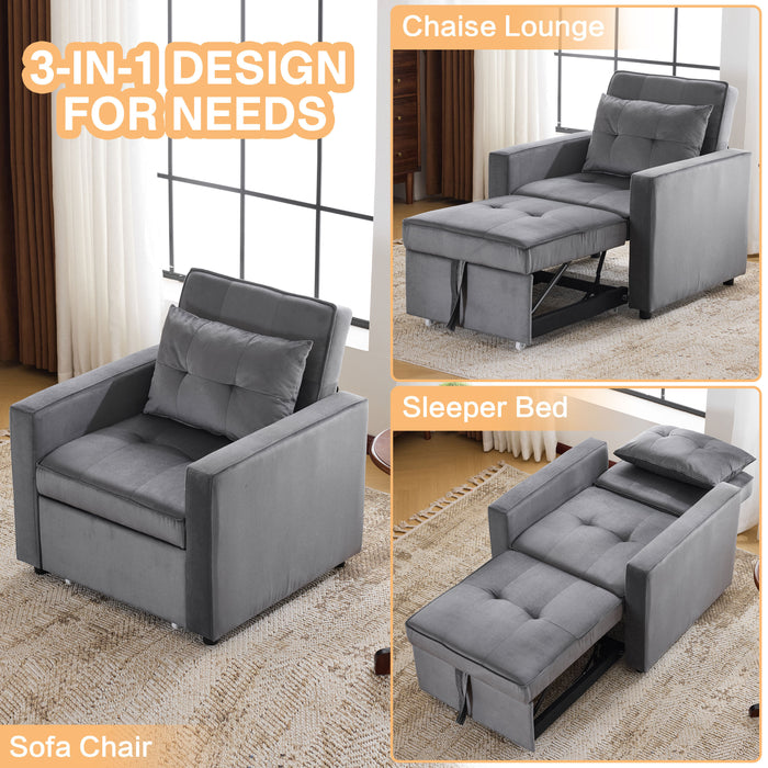 Convertible Sleeper Sofa Chair Bed with Pillow & Pocket, 3-in-1 Sofa Bed Sleeper Chair in Modern Velvet Fabric for Living Room, Bedroom, Study, Apartment, Gray - DTYStore