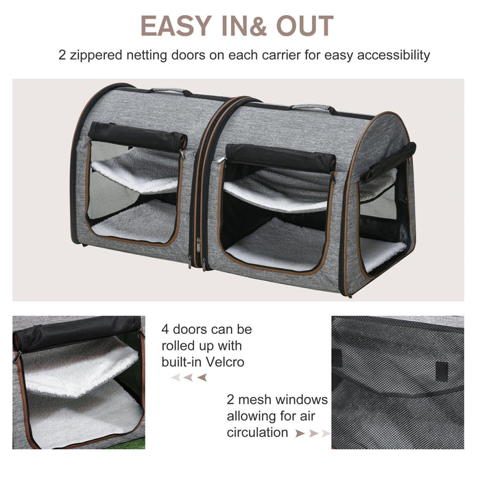 39" Portable Soft-Sided Pet Cat Carrier with Divider, Two Compartments, Soft Cushions, & Storage Bag, Grey - DTYStore
