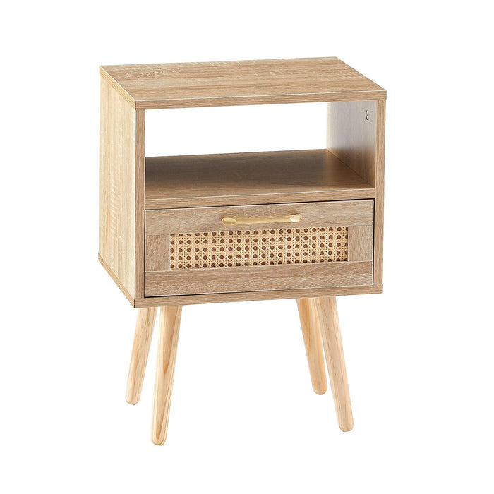 15.75" Rattan End table with drawer and solid wood legs, Modern nightstand, side table for living room, bedroom,natural - DTYStore