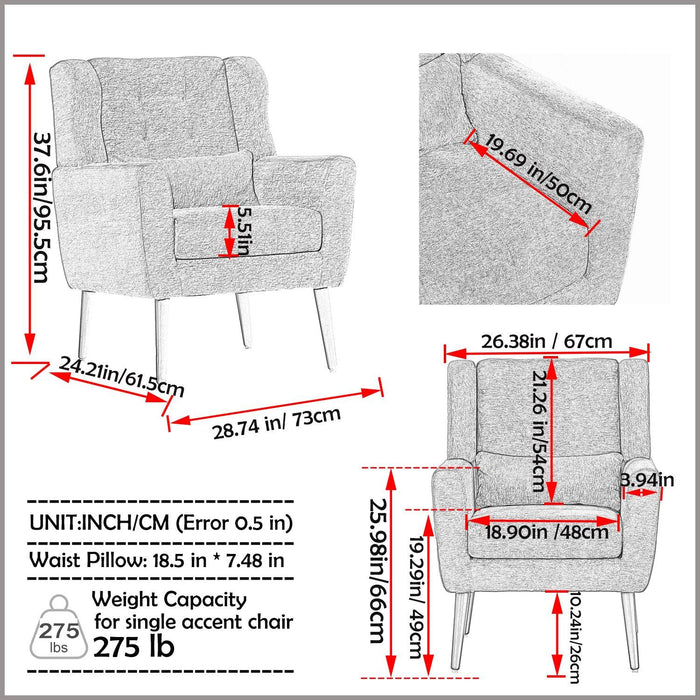 Modern Accent Chair,Chenille Arm Chairs for Living Room,Upholstered Mordern Armchair,Comfy Soft Padded Lounge Chair in Small Space, Bedroom, w/Pillow, Solid Wood Leg (Gray)