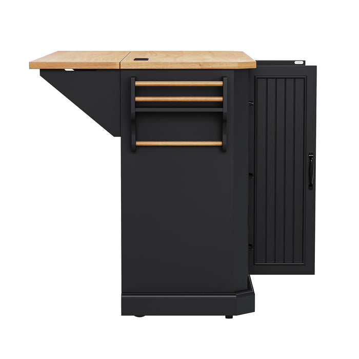 56 inch Kitchen Island with Rubber Wood Veneer Drop Leaf, Power Outlet, 4 Door Shelves, Embossed Vertical Stripe Rolling Kitchen Cart on 4 Wheels with 6 Deep Drawers for Kitchen, Dining Room,Black - DTYStore