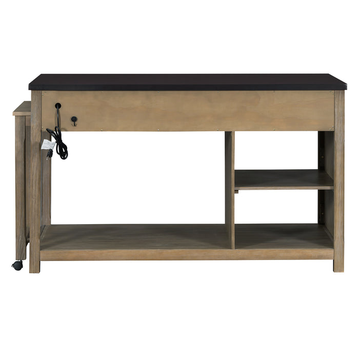 Extendable Kitchen Island with Storage, Multi-Functional Kitchen Cart with Built-In Power Outlets, Retro Kitchen Island on Wheels with Drawers and Open Shelves for Kitchen (Espresso+Natural) - DTYStore