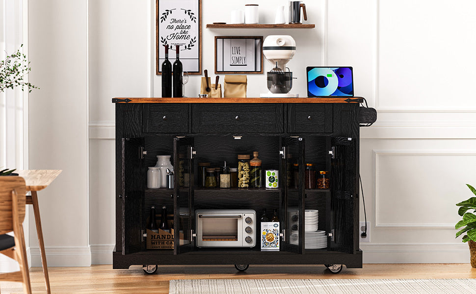 53'' Farmhouse Kitchen Island with Two Tempered Glass Cabinet Doors, Power Outlet, Rolling Kitchen Cart on Wheels with Drop Leaf, 5 Open Side Racks, 3 Drawers, for Kitchen, Dining Room, Black - DTYStore
