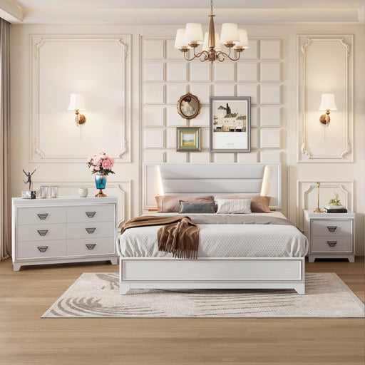 3-Pieces Bedroom Sets Queen Size Upholstered Bed with LED Lights, Nightstands and Dresser with Metal Handles and Sparkling Shiny Decoration, White - DTYStore