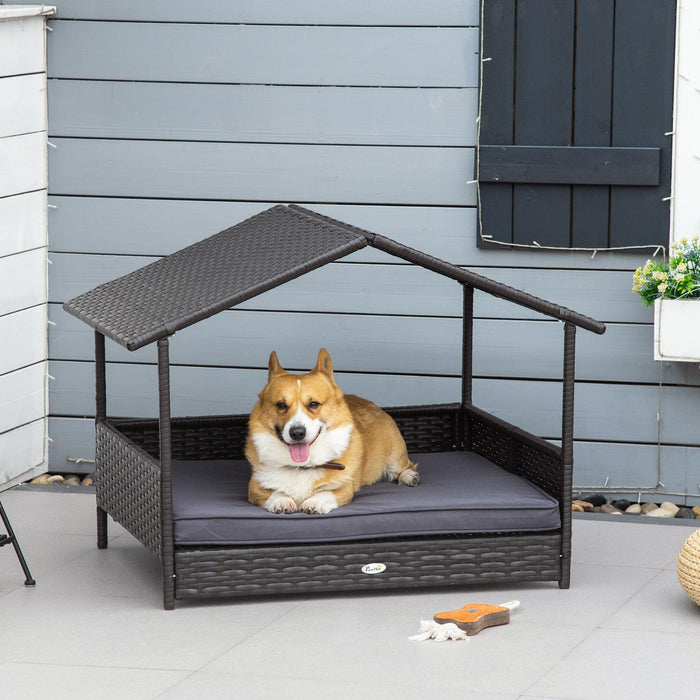 Wicker Dog House Outdoor with Canopy, Rattan Dog Bed with Water-resistant Cushion, for Small and Medium Dogs, Gray - DTYStore