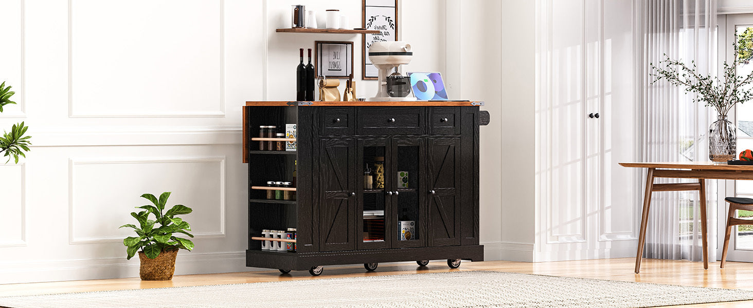 53'' Farmhouse Kitchen Island with Two Tempered Glass Cabinet Doors, Power Outlet, Rolling Kitchen Cart on Wheels with Drop Leaf, 5 Open Side Racks, 3 Drawers, for Kitchen, Dining Room, Black - DTYStore