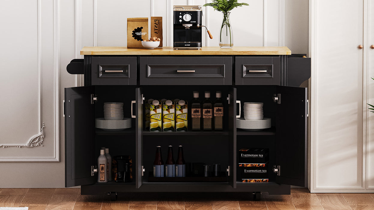 54inch Large Kitchen Island with Rubber Wood Drop Leaf, Embossed Texture Rolling Kitchen Cart on 4 Wheels with 4 Doors and 3 Drawers, Kitchen Island with Storage for Kitchen, Dining Room,Black - DTYStore