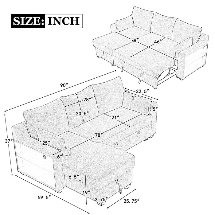 90" Pull Out Sleeper Sofa L-Shaped Couch Convertible Sofa Bed with Storage Chaise, Storage Racks and USB Ports, Light Brown