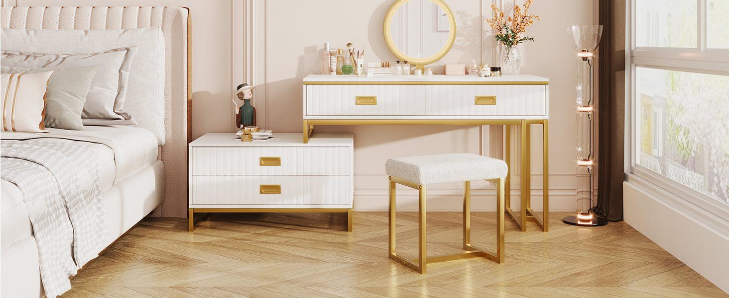 GO Modern Style Vanity Table With Movable Side Cabinet And 4-Drawers, Large Size Dressing Table With Mirror and 3-colors LED Light, Makeup Table With Stool, White, Golden Legs