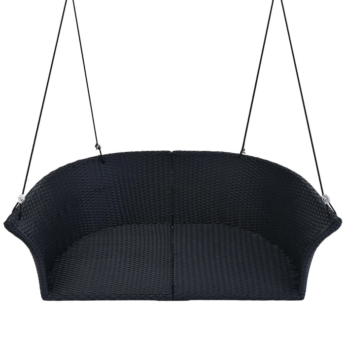 51.9" 2-Person Hanging Seat, Rattan Woven Swing Chair, Porch Swing With Ropes, Black Wicker And White Cushion