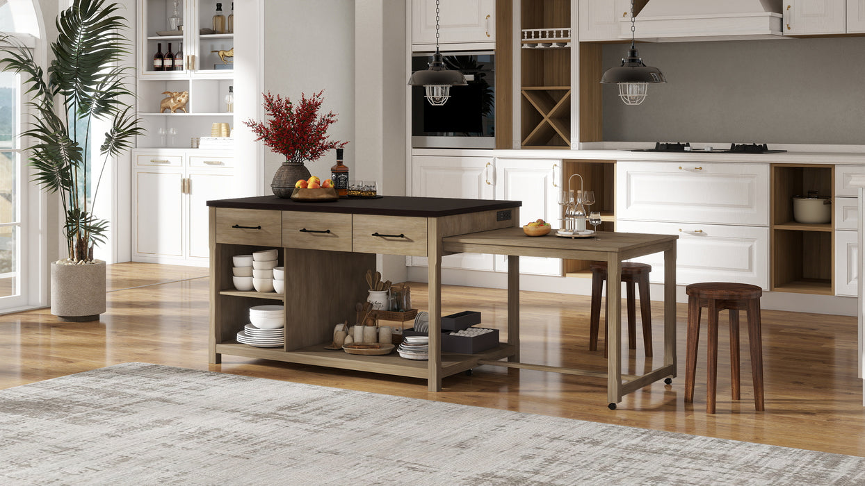 Extendable Kitchen Island with Storage, Multi-Functional Kitchen Cart with Built-In Power Outlets, Retro Kitchen Island on Wheels with Drawers and Open Shelves for Kitchen (Espresso+Natural) - DTYStore