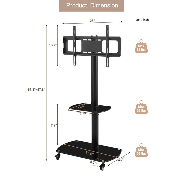 Height and Angle Adjustable Multi-Function Tempered Glass Metal Frame Floor With Lockable Wheels Mobile TV Stand, LCD/Plasma TV bracket 2 Tier Tempered Glass Shelves For Multiple Media Devices