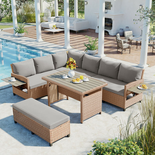 TOMAX 5-Piece Outdoor Patio Rattan Sofa Set, Sectional PE Wicker L-Shaped Garden Furniture Set with 2 Extendable Side Tables, Dining Table and Washable Covers for Backyard, Poolside, Indoor, Brown - DTYStore