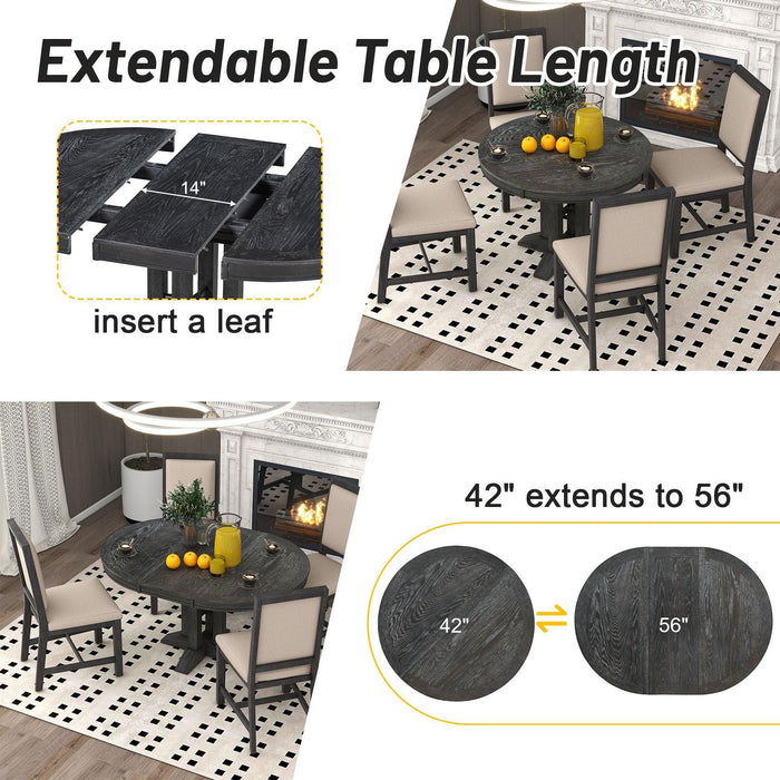 TREXM 5-Piece Dining Set Extendable Round Table and 4 Upholstered Chairs Farmhouse Dining Set for Kitchen, Dining Room(Black)