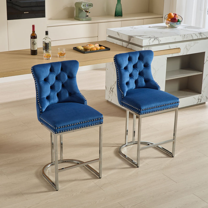 25' Counter Height Bar Stools Set of 2, Modern Velvet Barstools with Button Back&Rivet Trim Upholstered Kitchen Island Chairs with Sturdy Chromed Metal Base Legs Farmhouse Bar Stools, (Blue,2 Pack) - DTYStore