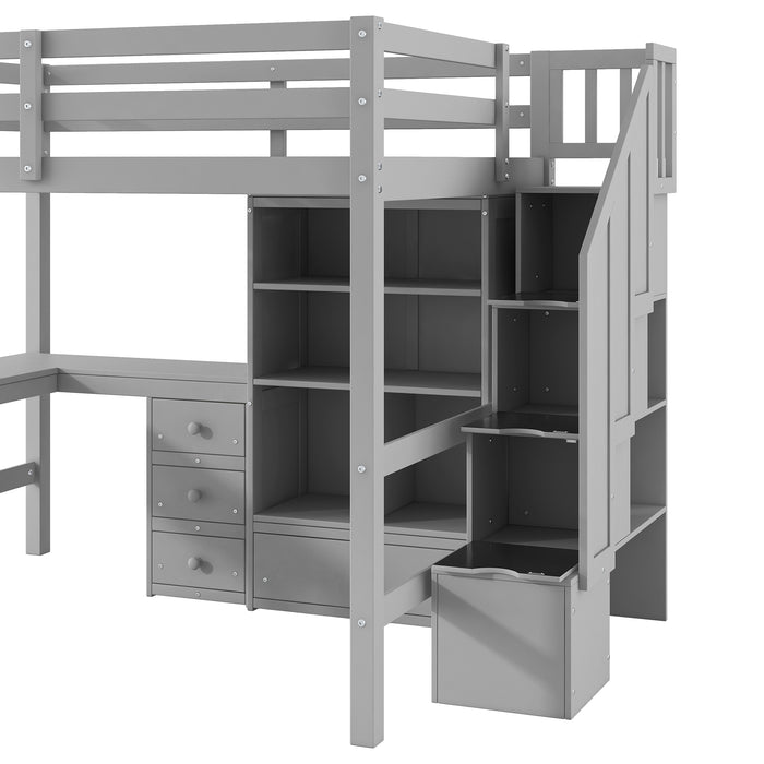 Full Size Loft Bed with L-Shaped Desk and Drawers, Cabinet and Storage Staircase, Gray - DTYStore