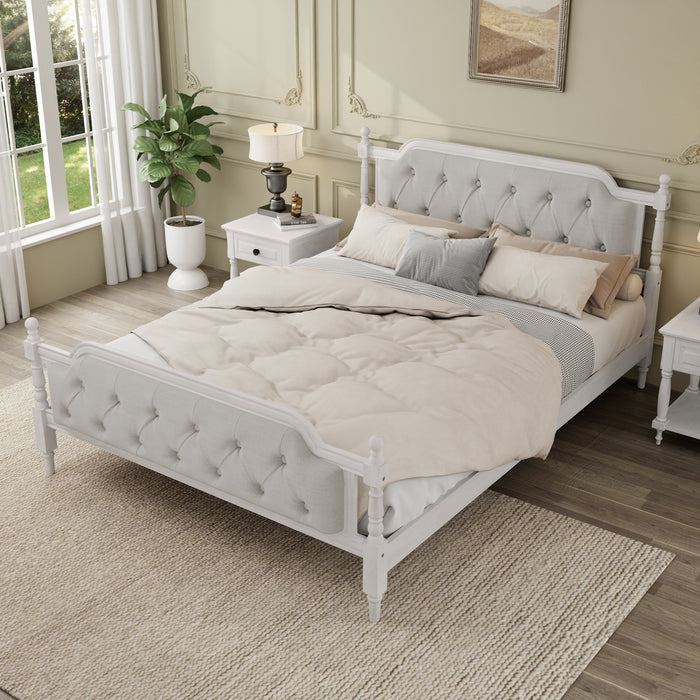 Traditional Style Solid Wood Bed Frame with Upholstered Tufted Headboard,No Box Spring Needed,Queen Size, Antique White - DTYStore