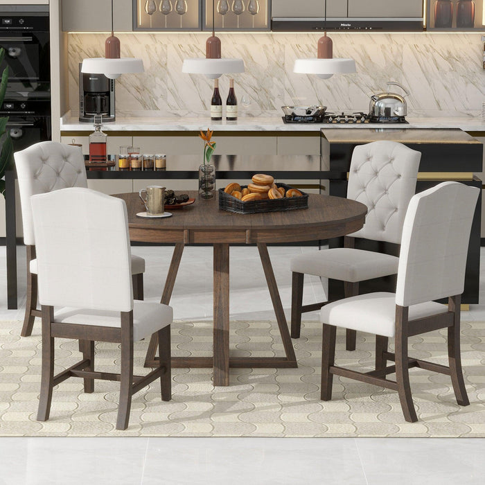 5-Piece Retro Functional Dining Set, Round Table with 16"W Leaf and 4 Upholstered Chairs