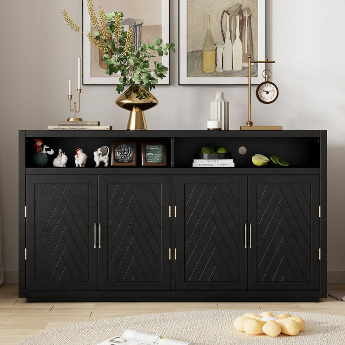 TREXM 4-door Classic Sideboard with Open Storage and Adjustable Shelves Perfect for kitchens, living rooms (Black)