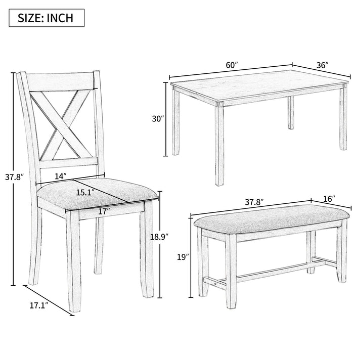 6-Piece Kitchen Dining Table Set Wooden Rectangular Table, 4 Chairs and Bench Family Furniture