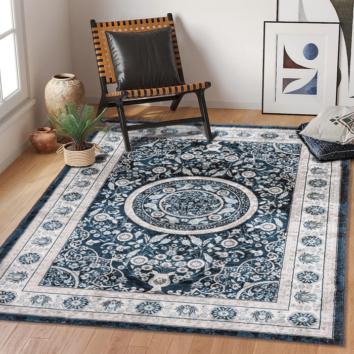 Area Rug 5x7 Vintage Bohemia Large Persian Non-slip Washable Rug For Living Room Kitchen Bedroom Living Room Flower Design Navy Blue - DTYStore