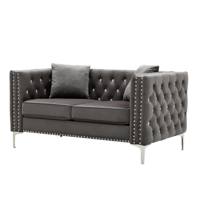 59.4 Inch Wide Grey Velvet Sofa with Jeweled buttons,Square Arm ,2 Pillow