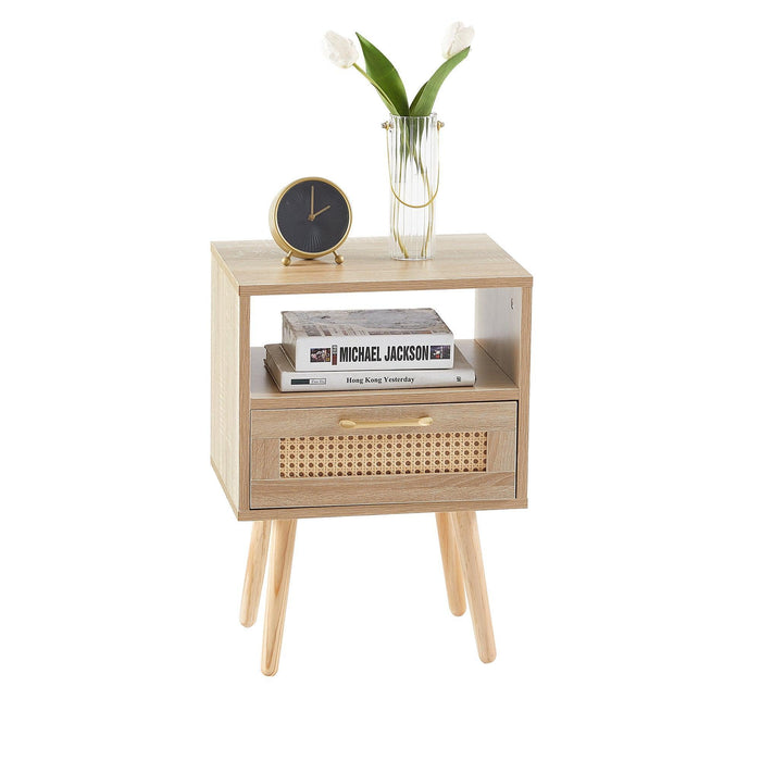 15.75" Rattan End table with drawer and solid wood legs, Modern nightstand, side table for living room, bedroom,natural - DTYStore
