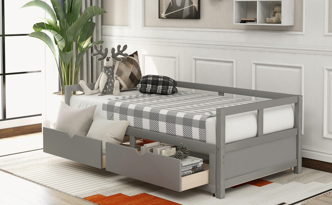 Wooden Daybed with Trundle Bed and Two Storage Drawers , Extendable Bed Daybed,Sofa Bed for Bedroom Living Room, Gray - DTYStore