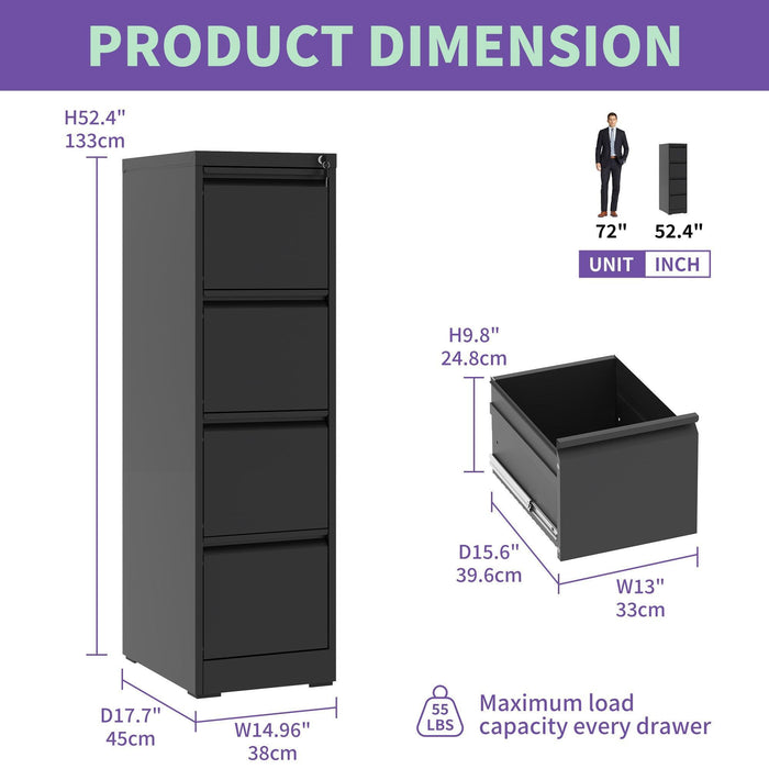 4 Drawer Metal Vertical File Cabinet with Lock for Office Home A4 Legal/Letter Size