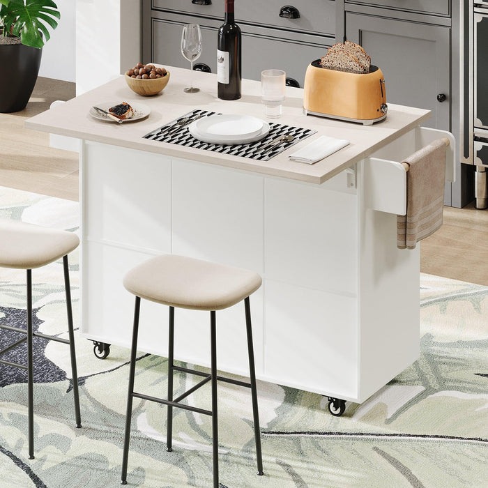 Kitchen Island with Trash Can Storage Cabinet, Kitchen Cart with Drop Leaf, Spice Rack, Towel Rack and Drawer, Rolling Kitchen Island on Wheels with Adjustable Shelf, White - DTYStore