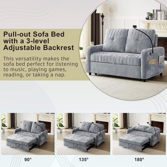 53.9" Modern Loveseat Pull-out Sofa Bed with Adjustable Backrest, Two Cup Holders , a Phone Holder, Three Charging Ports and Side Storage Pockets for Living Room, Grey