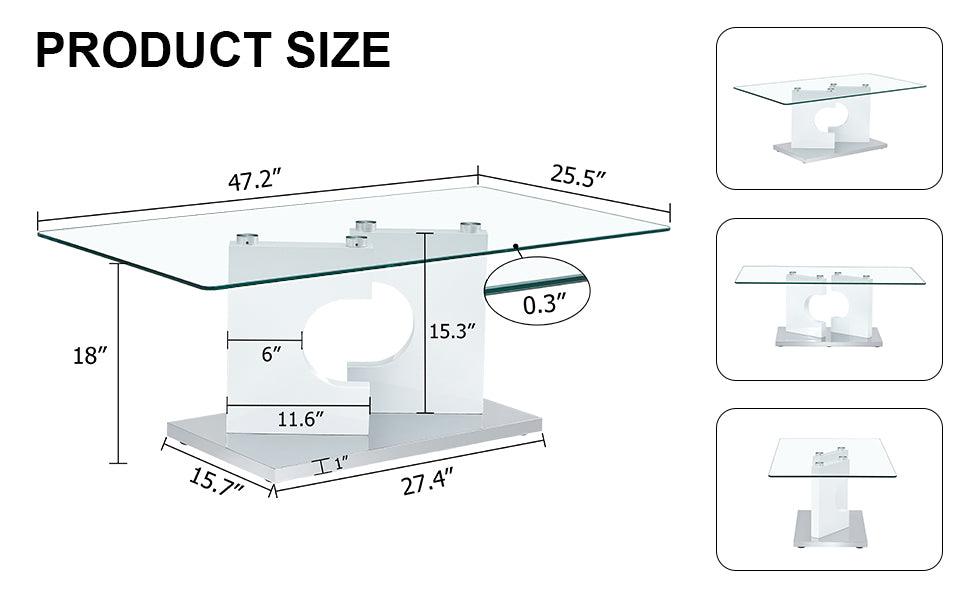 A rectangular modern and fashionable coffee table with tempered glass tabletop and white MDF legs. Suitable for living room.47.2"*25.5"*18"