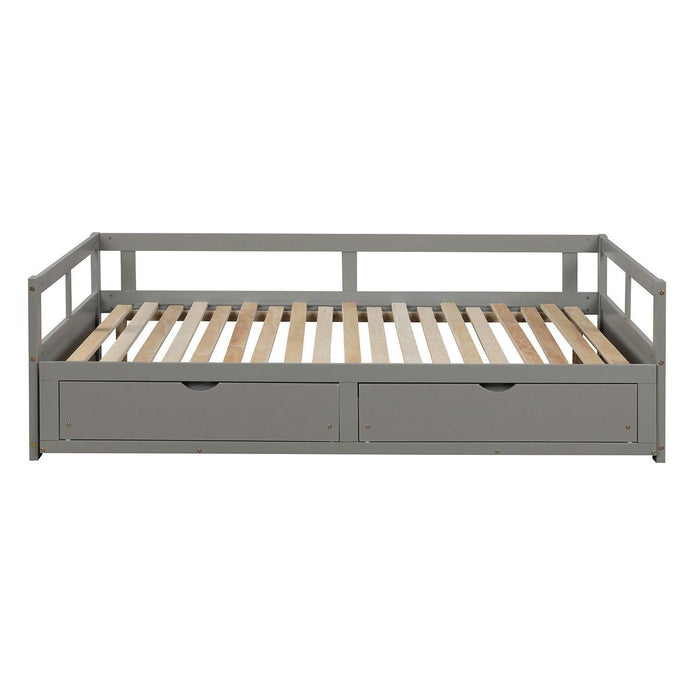 Wooden Daybed with Trundle Bed and Two Storage Drawers , Extendable Bed Daybed,Sofa Bed for Bedroom Living Room, Gray - DTYStore