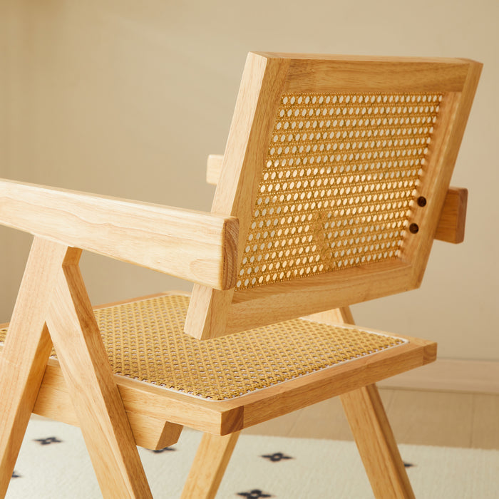 2 dining chairs, natural color, rubber wood rattan weaving technology, armrest solid wood dining chair, living room chair, simple and natural - DTYStore