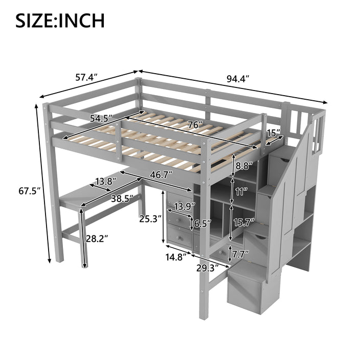 Full Size Loft Bed with L-Shaped Desk and Drawers, Cabinet and Storage Staircase, Gray - DTYStore