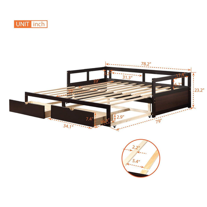 Wooden Daybed with Trundle Bed and Two Storage Drawers , Extendable Bed Daybed,Sofa Bed for Bedroom Living Room,Espresso - DTYStore