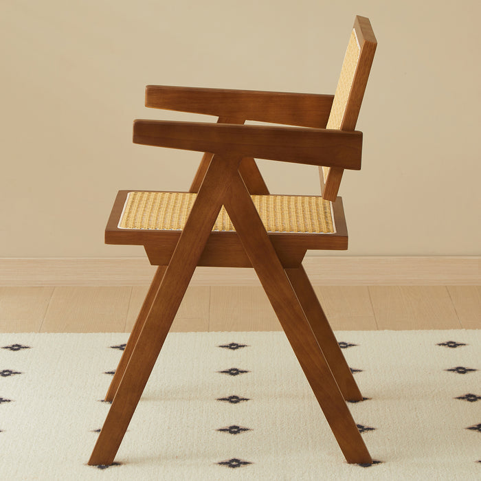 2 dining chairs, walnut color, using rubber wood rattan weaving process, armrest solid wood dining chair, living room chair, simple and natural - DTYStore