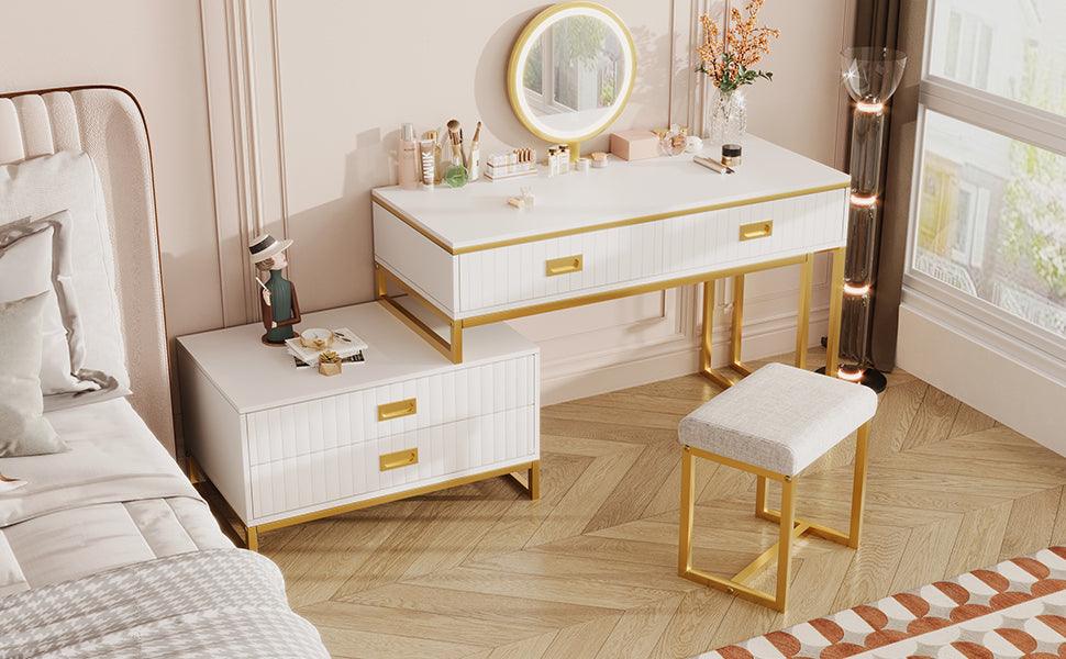 GO Modern Style Vanity Table With Movable Side Cabinet And 4-Drawers, Large Size Dressing Table With Mirror and 3-colors LED Light, Makeup Table With Stool, White, Golden Legs