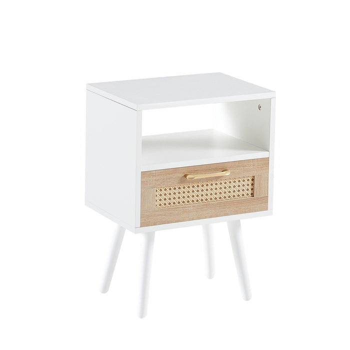15.75" Rattan End table with drawer and solid wood legs, Modern nightstand, side table for living room, bedroom, white - DTYStore