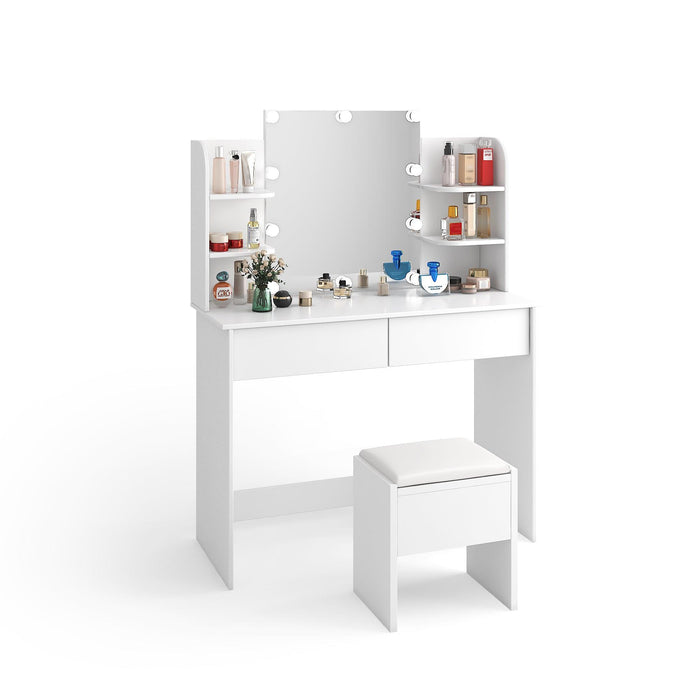 Modern Dressing table with 2 Drawers, 4 open shelves Rectangular Makeup Table with Mirror, 10-lamp bulb,,42.52*15.75* 52.76inch,for Bedroom