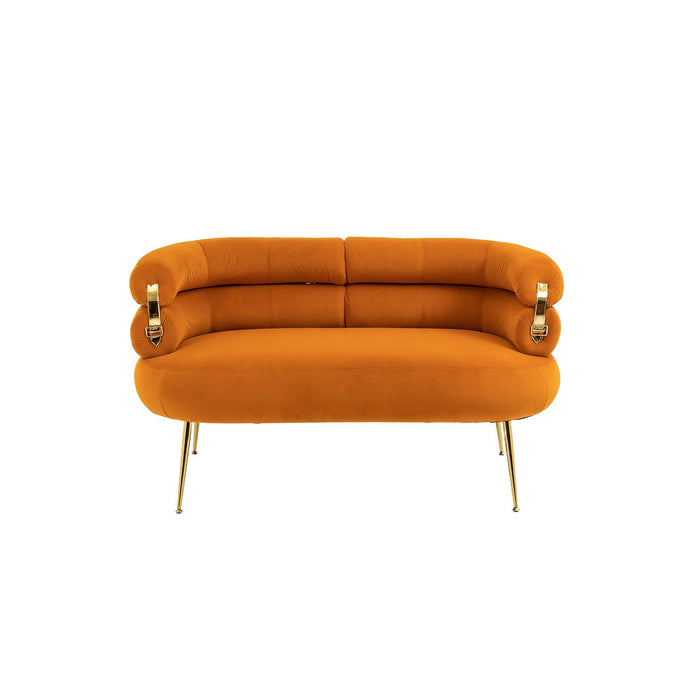 COOLMORE Small Loveseat Sofa, Upholstered Mini Couch with Curved Backrest with Stylish Golden Decor, Small Comfy Love Seat Leisure Accent Couch for Living Room, Bedroom, Office (Orange)