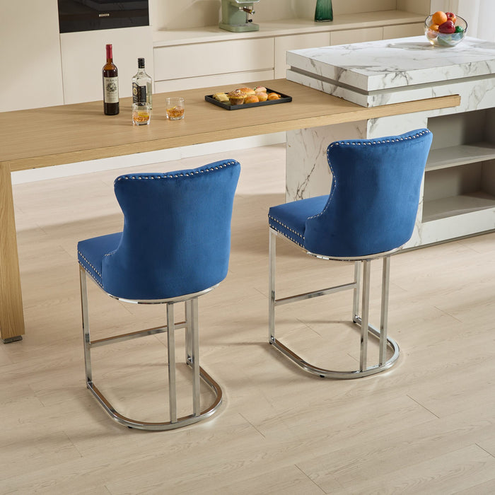 25' Counter Height Bar Stools Set of 2, Modern Velvet Barstools with Button Back&Rivet Trim Upholstered Kitchen Island Chairs with Sturdy Chromed Metal Base Legs Farmhouse Bar Stools, (Blue,2 Pack) - DTYStore