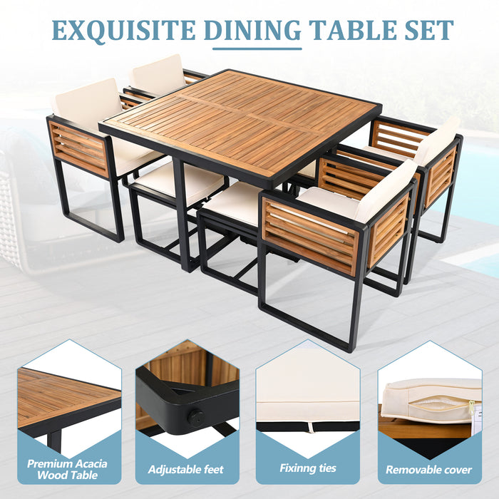 GO 9-Pieces Acacia Wood Patio Dining Set, Space Saving Outdoor Patio Set, 4 Cushioned Chairs & 4 Ottomans & 1 Square Table, for Backyard, Garden, Deck and Poolside, Beige - DTYStore
