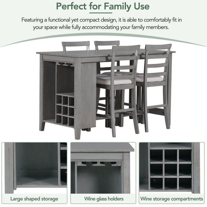 5-Piece Multi-Functional Rubber Wood Counter Height Dining Set with Padded Chairs and Integrated Wine Compartment