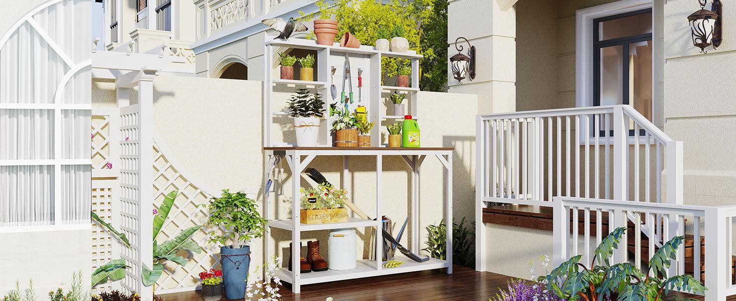 64.6" Large Outdoor Potting Bench, Garden Potting Table, Wood Workstation with 6-Tier Shelves and Side Hook